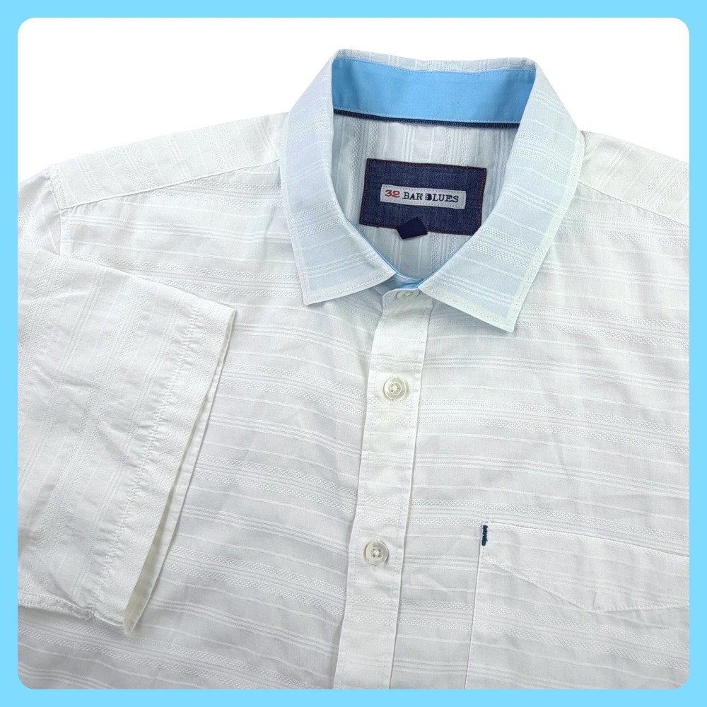 32 Bar Blues Button Front Shirt Men Large White Cotton Dobby Stripe Short Sleeve